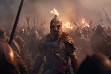 Fototapeta premium Julius Caesar and his Roman generals and warriors in battle. Generative AI.