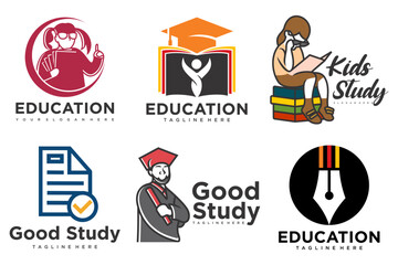 education and learn logo set.school book,graduate hat,pen,book store and student.Teaching symbols