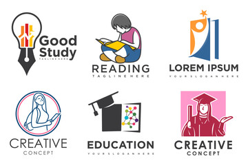 education and learn logo set.school book,graduate hat,lamp,book store and student.Teaching symbols