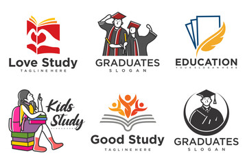 education and learn logo set.school book,graduate hat,book store and student.Teaching symbols