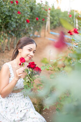 Obraz na płótnie Canvas Young Asian woman wearing a white dress poses with a rose in rose garden, Chiang Mai Thailand