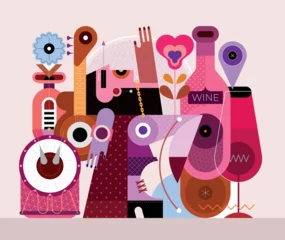  Passionate dance of long hair person at a cocktail party vector illustration. Creative mix design of musical instruments, cocktail glasses, flowers and wine bottle. ©  danjazzia