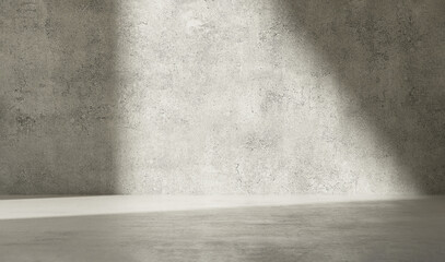 Beautiful sunlight cast shadow on blank weathered, grunge texture, clean concrete loft wall, cement floor for modern, minimal interior design, architecture, fashion, beauty, product background 3D