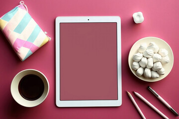 Tablet computer with flowers and stationery on pink background, generative ai
