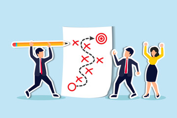 Strategic planning, plan to overcome difficulty or obstacle to reach goal or target, team brainstorm or competitor analysis, business success concept, business team planning for success tactic chart.