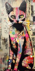 graffiti collage of a cat on the wall, generative AI