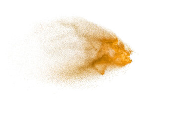 Brown sand explosion isolated on white background. Abstract sand cloud backdrop.