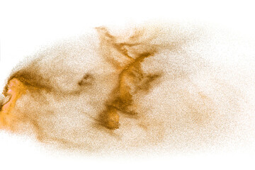 Brown sand explosion isolated on white background. Abstract sand cloud backdrop. - obrazy, fototapety, plakaty