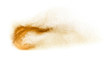 Brown sand explosion isolated on white background. Abstract sand cloud backdrop.