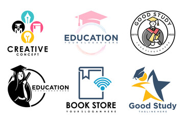 education and learn logo set.school book,graduate hat,lamp,book store and student.Teaching symbols