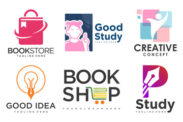 education and learn logo set.school book,graduate hat,pen,book store and student.Teaching symbols