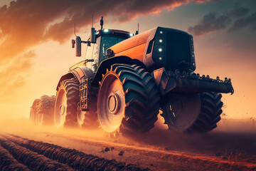 Obraz premium Tractor ploughs field, generative ai