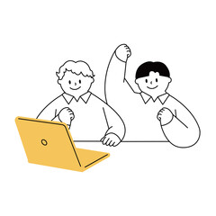 Vector illustration of boys who are happy to see a laptop.