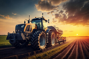 Fototapeta premium Tractor ploughs field, generative ai