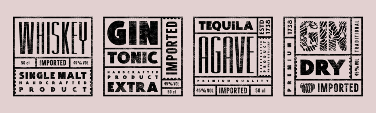 Set of template square label for gin, tequila and whiskey