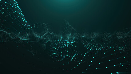 A stream of particles moves across the background. green wave background. 