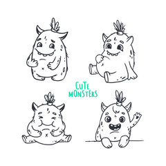 set of cute cartoon monsters on white background.Icon monster.Alien.Coloring.Doodle.
