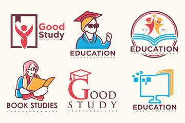 education and learn logo set.school book,graduate hat,book store and student.Teaching symbols