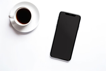 Top view. Smartphone screen mockup for graphic editing. Cup of coffee. Accessories on white background.