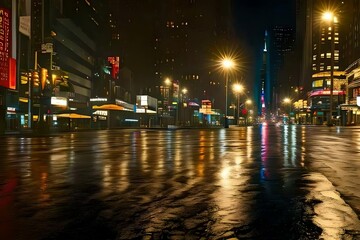 Obraz premium night view of the city, empty new york city street, mid night, rainy, lights