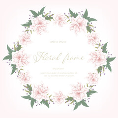 Naklejka premium Fresh pink flowers wreath floral wallpaper template background bouquet. Botanical flower and leaf branch for printing, business, greeting or wedding anniversary. Vector invitation card concept.