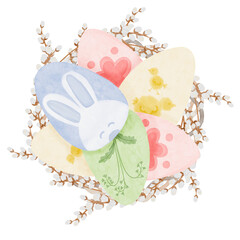 Watercolor Easter wreath of pussy-willow and colorful eggs 
on a white background. Hand drawn isolate illustration, print design