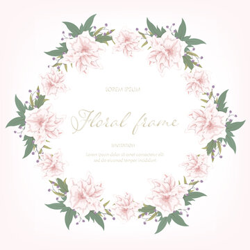 Fresh pink flowers wreath floral wallpaper template background bouquet. Botanical flower and leaf branch for printing, business, greeting or wedding anniversary. Vector invitation card concept.