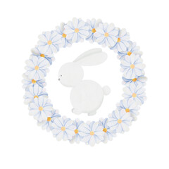 Watercolor floral wreath with bunny on a white background. Hand drawn isolate illustration, print design.
