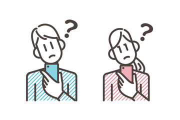 Young man and woman looking at their smartphones with questioning expressions [Vector illustration].