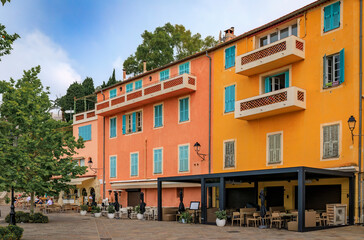 Colorful houses along Mediterranean Sea in Villefranche sur Mer, South of France