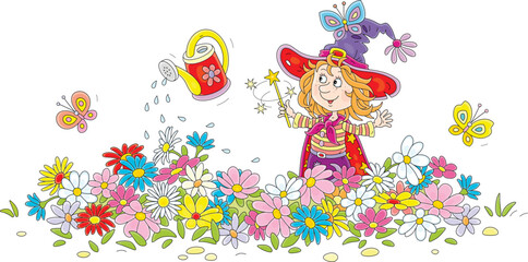 Happy little fairy waving her magic wand and watering colorful flowers with a watering-can on a pretty flowerbed in a summer garden, vector cartoon illustration isolated on a white background