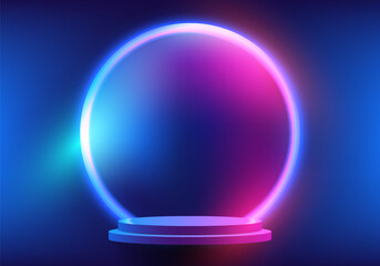 3D realistic empty podium floating in the air with circles blue and pink glowing neon light backdrop on blue background technology style