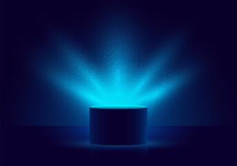 3D blue cylinder mystery box with Illuminated lighting glitter on dark background