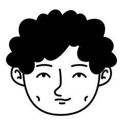 Male portrait with curly hair in doodle style. Man head front view.