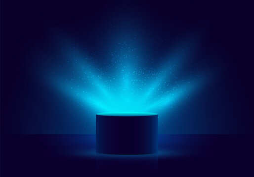 3D blue cylinder mystery box with Illuminated lighting glitter on dark background