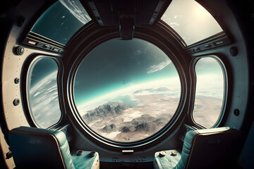Fototapeta premium Grunge Spaceship interior with view on planet Earth 3D rendering