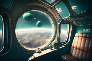 Fototapeta premium Grunge Spaceship interior with view on planet Earth 3D rendering
