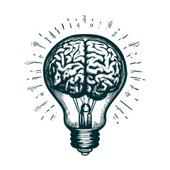 Light bulb with brain inside sketch vector, creative illustration  - obrazy, fototapety, plakaty
