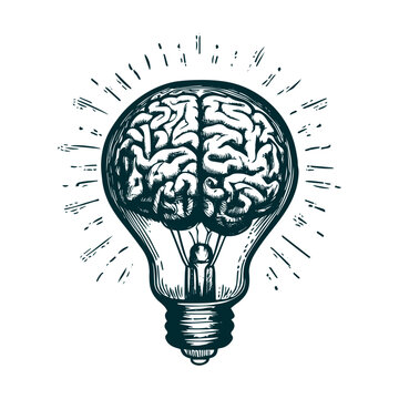 Light bulb with brain inside sketch vector, creative illustration 