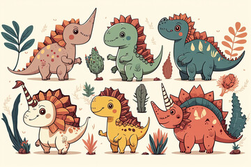 Cute dinosaurs vector set. Hand drawn doodle triceratops, stegosaurus, tyrannosaurus, diplodocus, spinosaurus. Dinosaur comic character design for kid, print, clothes, poster, education, generative AI