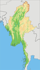 Highly detailed Myanmar physical map.