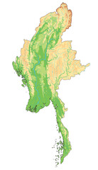 Highly detailed Myanmar physical map.
