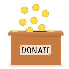 Sponsor or donation. Coins fall into a cardboard box with a text banner. 