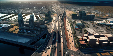 Fototapeta na wymiar Aerial view of a city with an interstate road - Generative AI