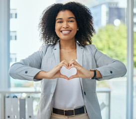 Happy business woman, portrait and heart hands in customer care, client support or leadership...