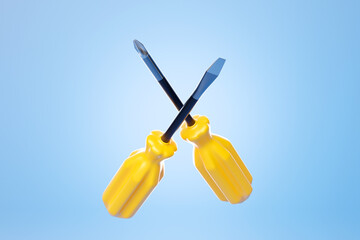Cartoon Hand Tools , 3D Illustration. Yellow screwdriver, Fix and Repair Concept