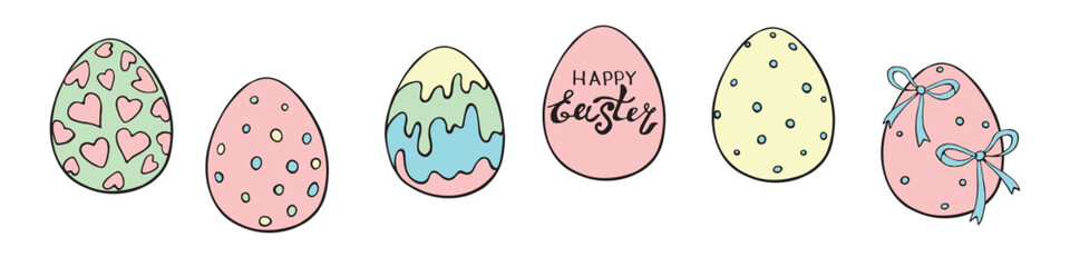 Set of vector colorful ornamental easter eggs with hearts, stains, bows. Holiday illustrations, clip art in hand drawn doodle flat style for greeting cards, festive design
