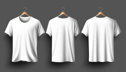 isolated three white t shirt with hanger mockup, front view, unisex t shirt on gray background