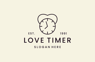 Love timer logo  black alarm clock and heart symbol.