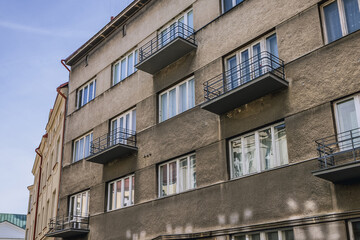 Fototapeta na wymiar Facade of modernist style tenement on Jagiellonska Street in Rzeszow city, Poland